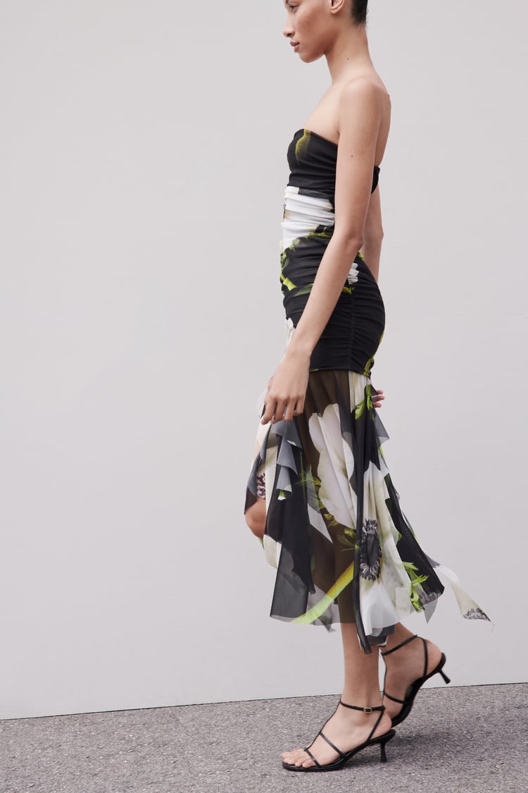 Ruched Mesh Tube Midi Dress