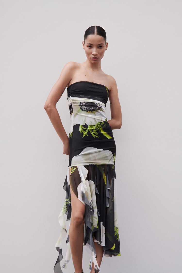 Ruched Mesh Tube Midi Dress