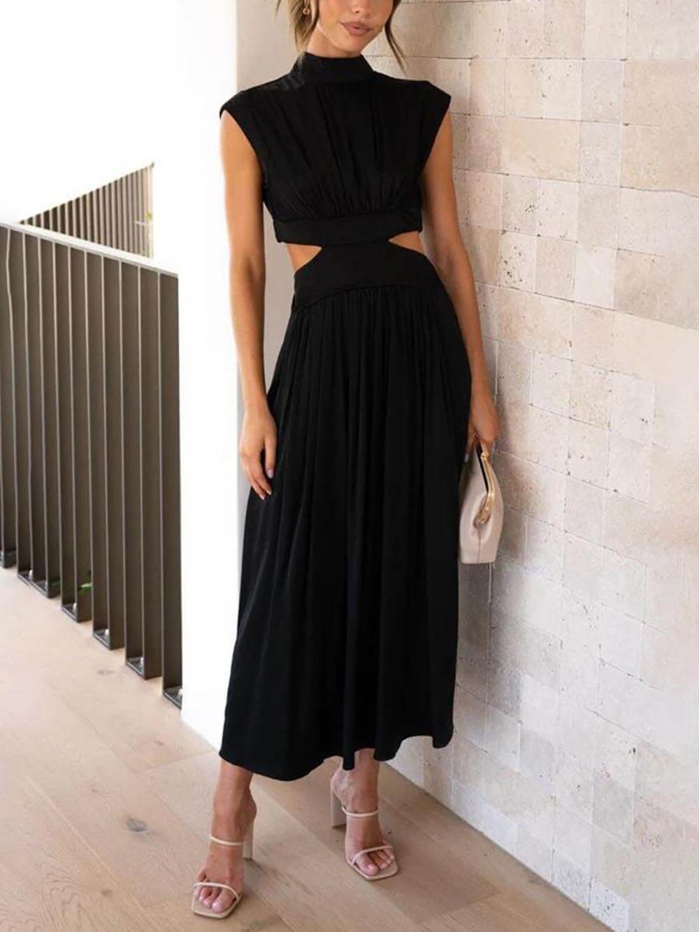 Cutout Waist Pocket Midi Dress
