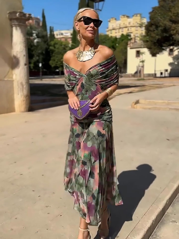 Painted Floral Pleated Maxi Dress