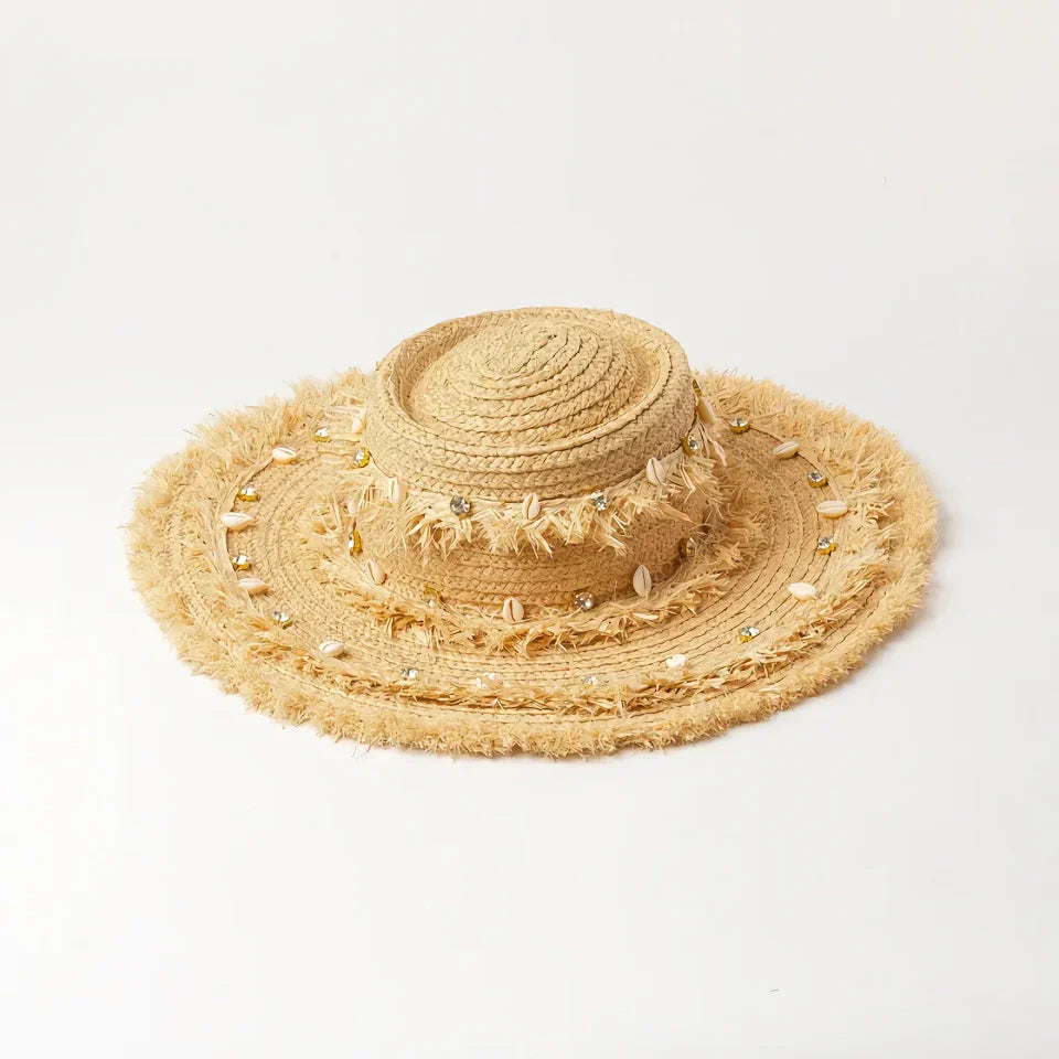 Shell Trim Raffia Boater Hat