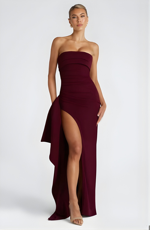 Strapless Twisted High-Split Maxi Dress