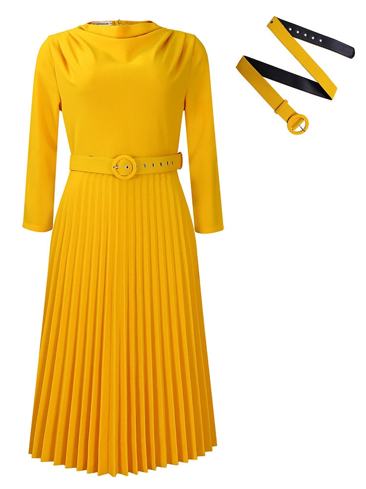 Belted Pleated Collar Dress