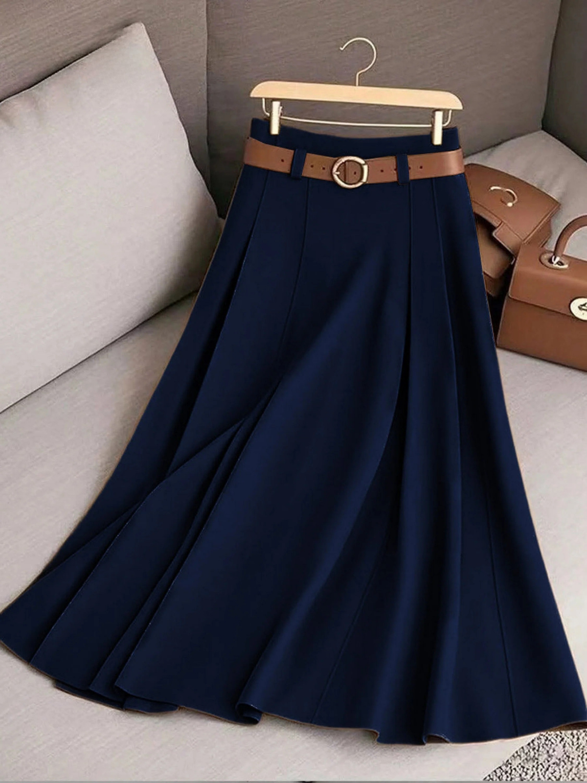 Pleated A-Line Belted Midi Skirt