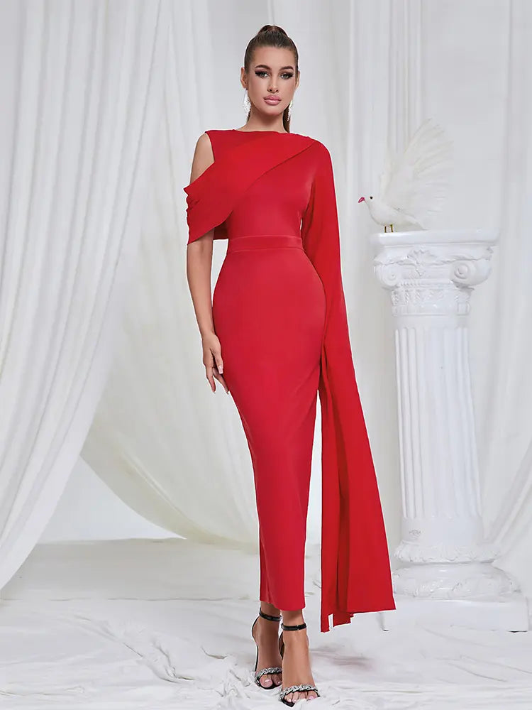 Red Shoulder Slit Evening Dress