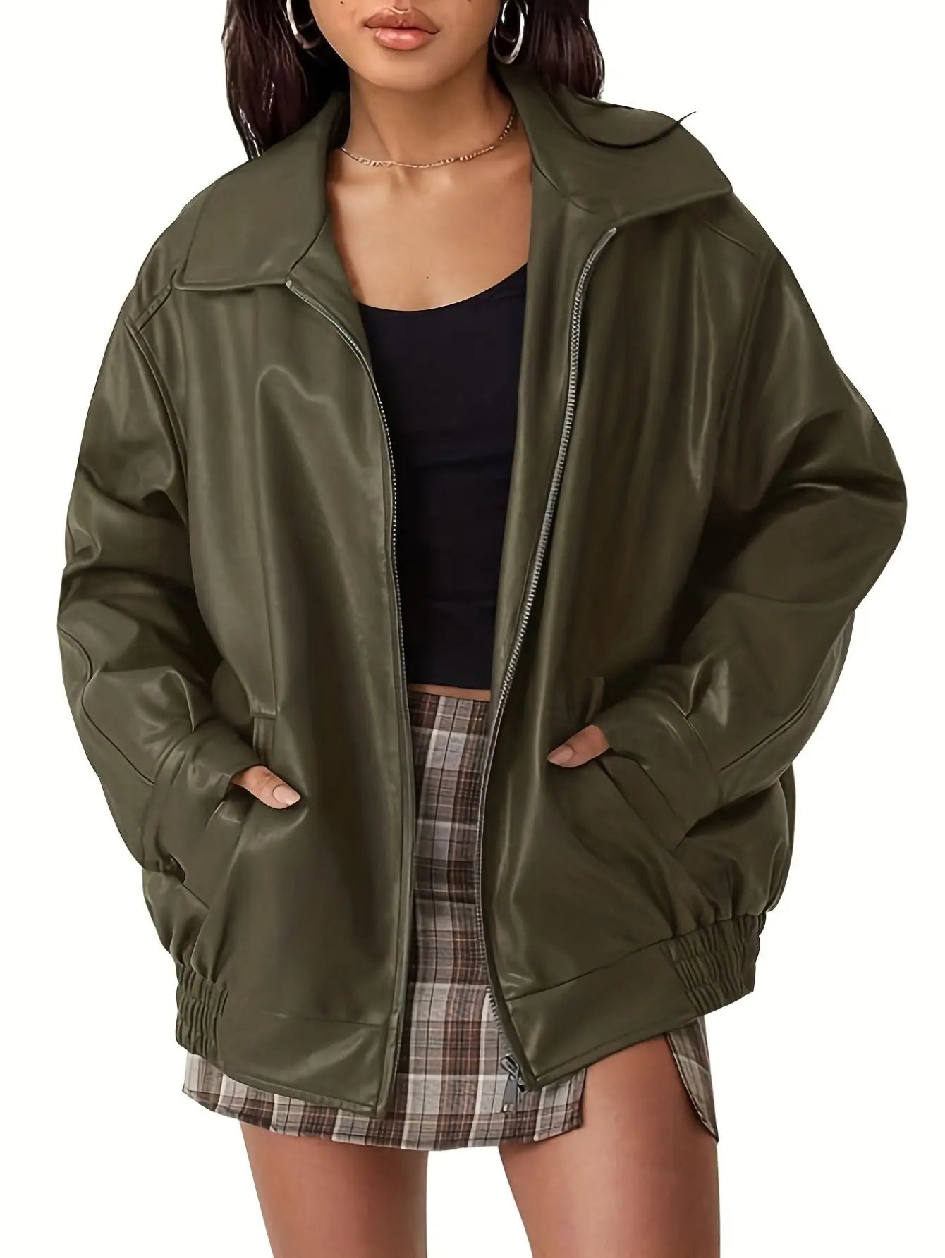 Oversized Faux Leather Bomber Jacket