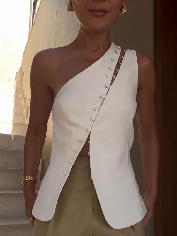 One-Shoulder Asymmetric Button Top