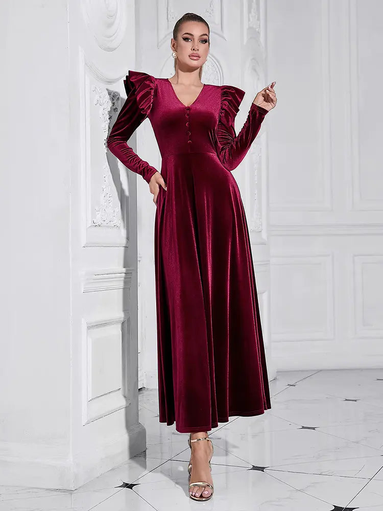 Button-Front V-Neck Maxi Dress