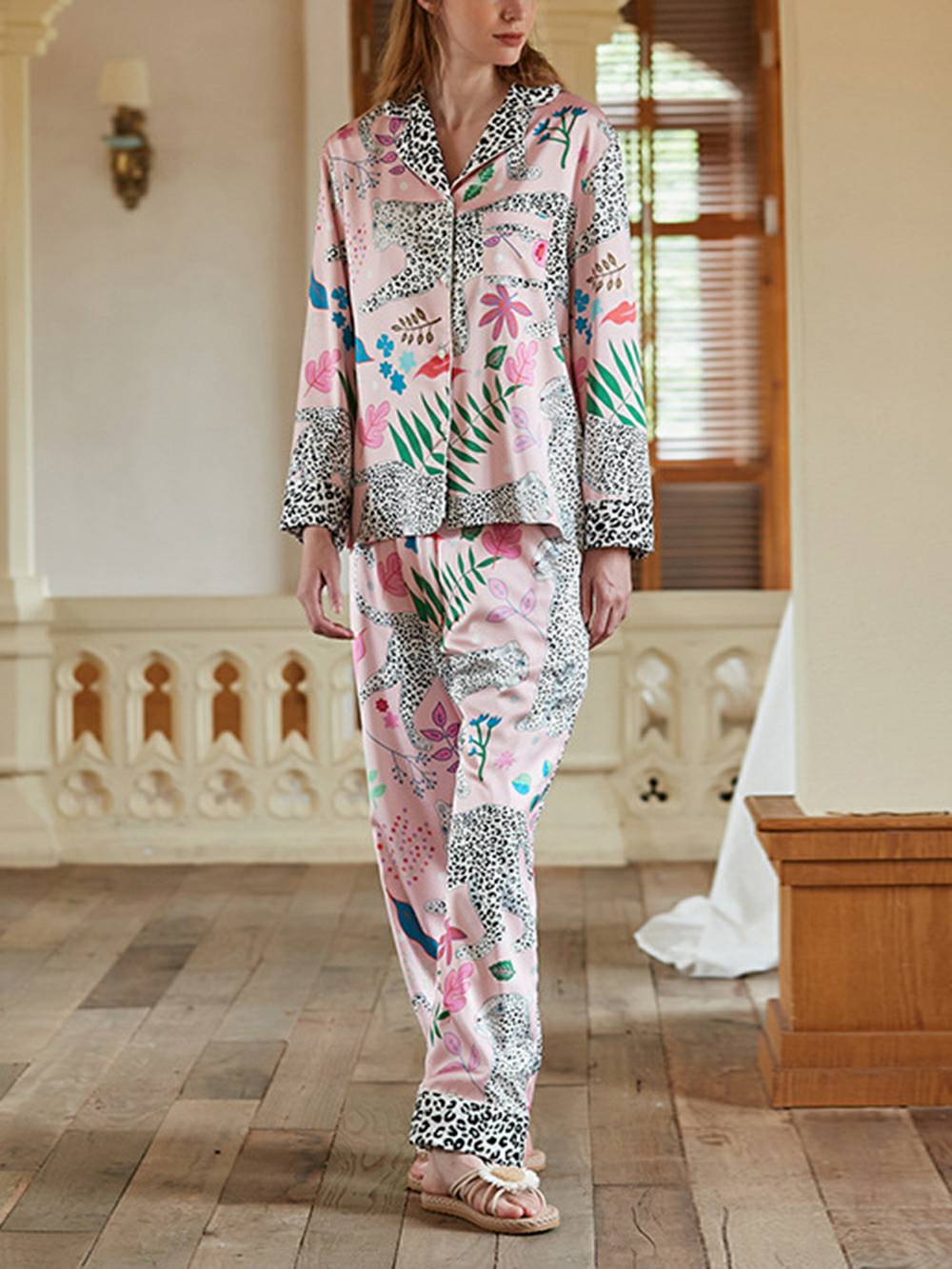 Pink Snow Leopard Silk Pyjama Set