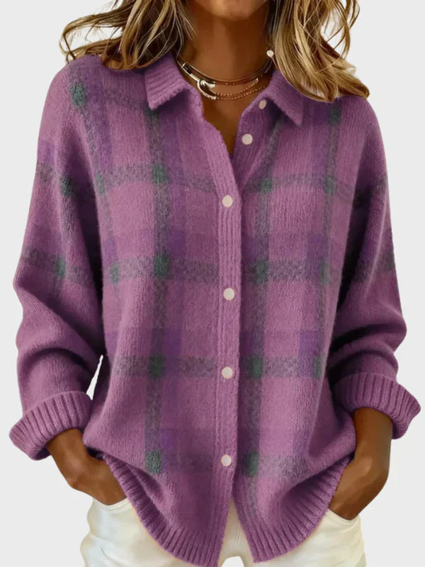 Plum purple plaid knit cardigan with button front, collar, and ribbed cuffs.