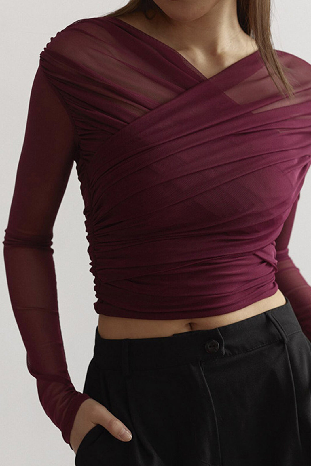 Ruched Mesh Crossover Top