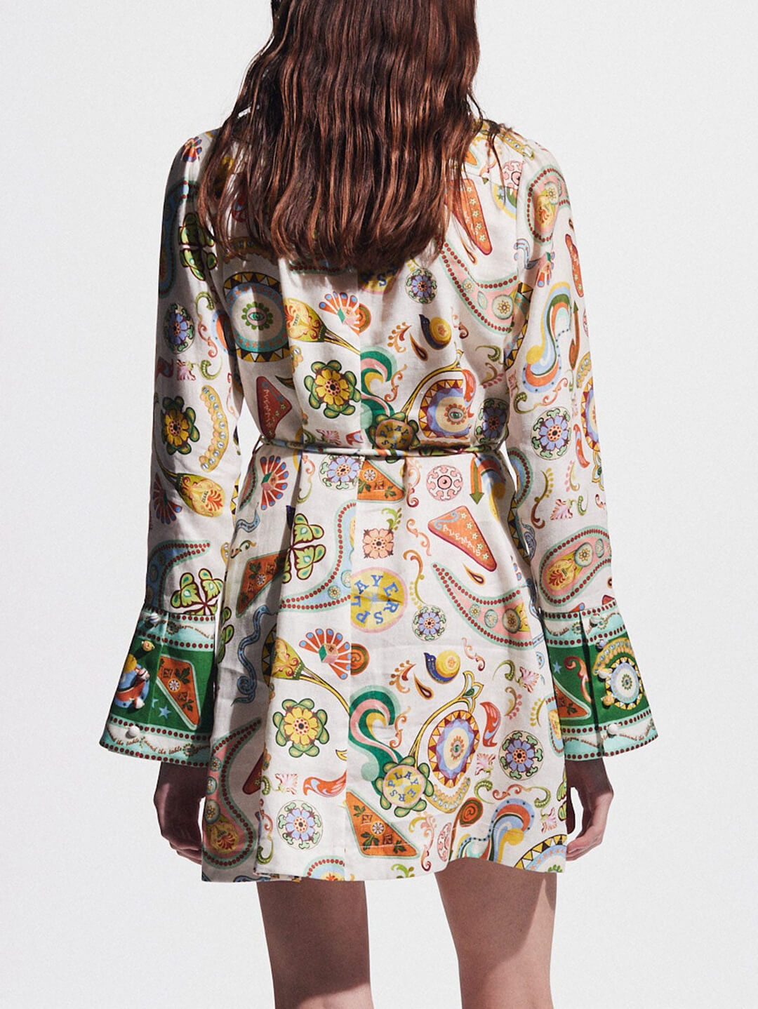 Trumpet-Sleeve Graphic Print Mini Dress