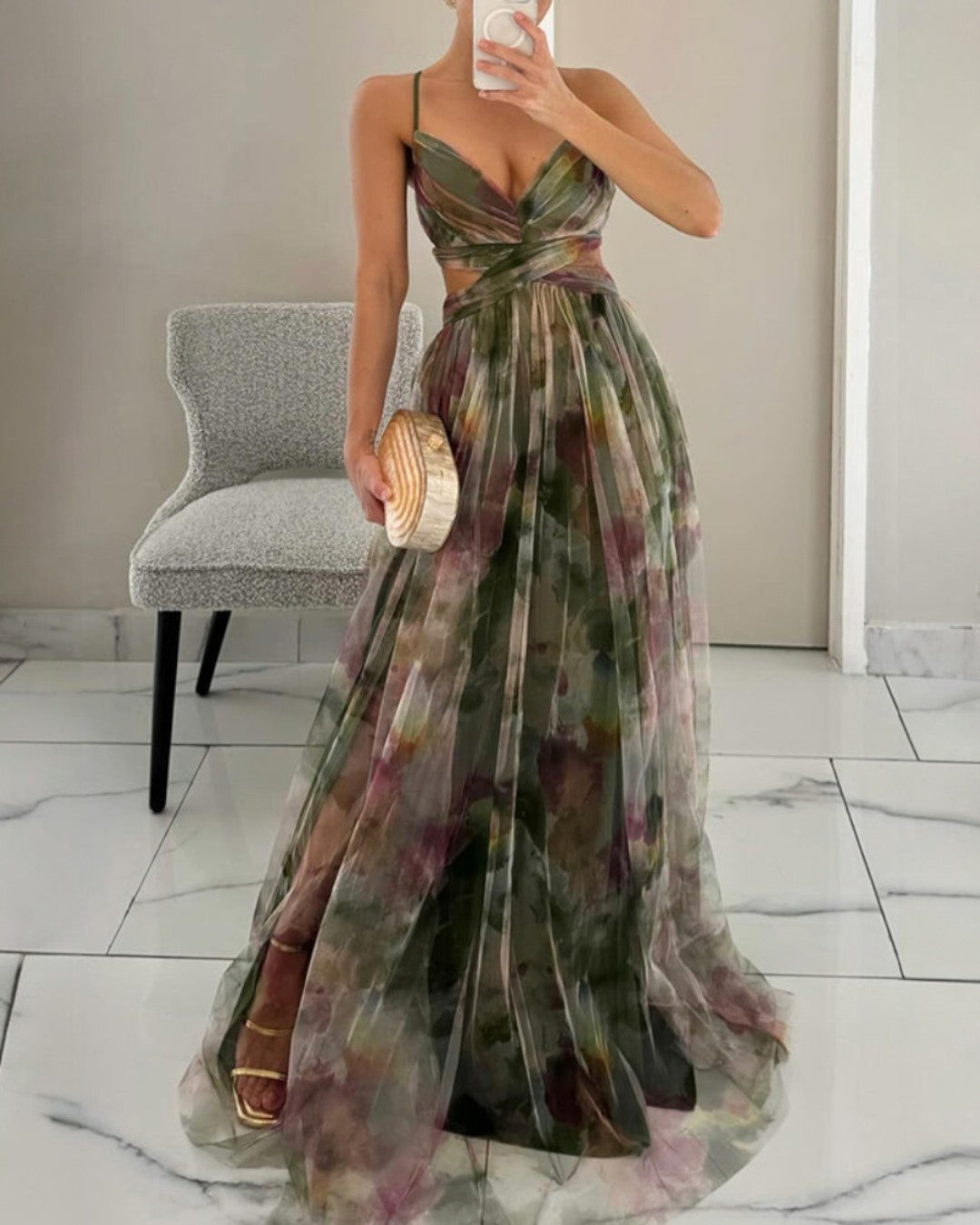 Watercolour Pleated Maxi Dress