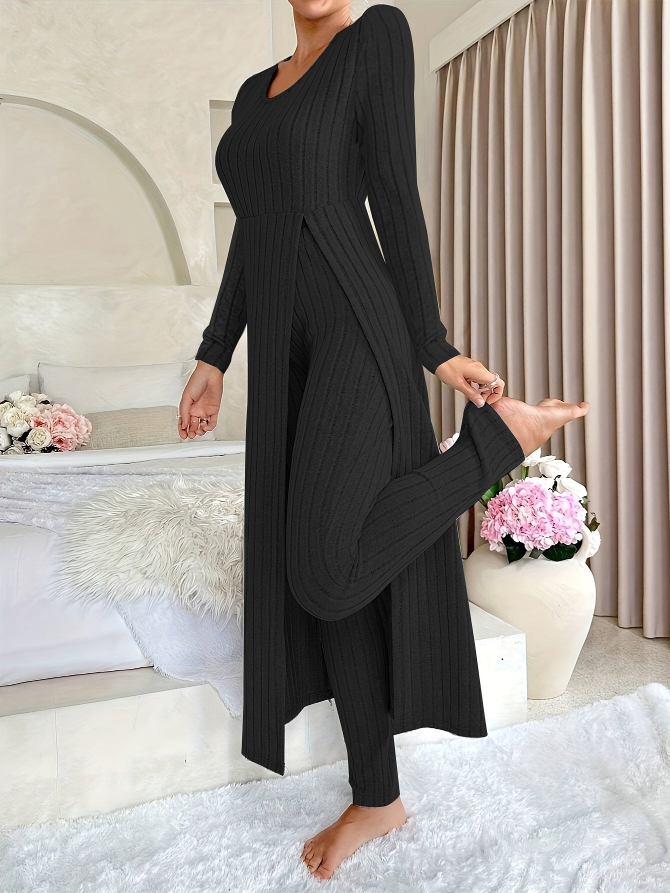 Ribbed Knit Wide-Leg Lounge Set
