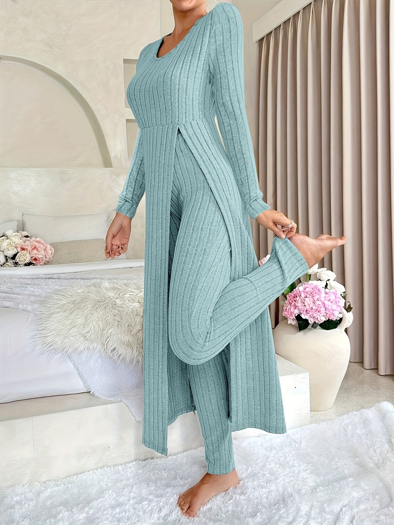 Ribbed Knit Wide-Leg Lounge Set