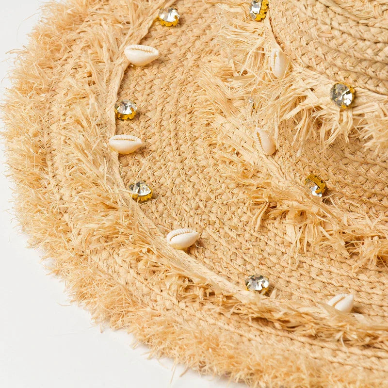 Shell Trim Raffia Boater Hat