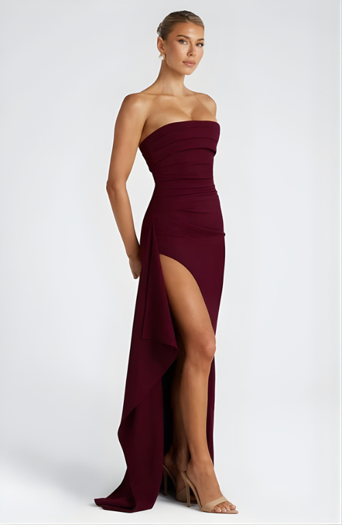 Strapless Twisted High-Split Maxi Dress