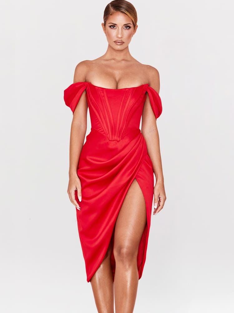 Red Corset Bodycon Midi Dress