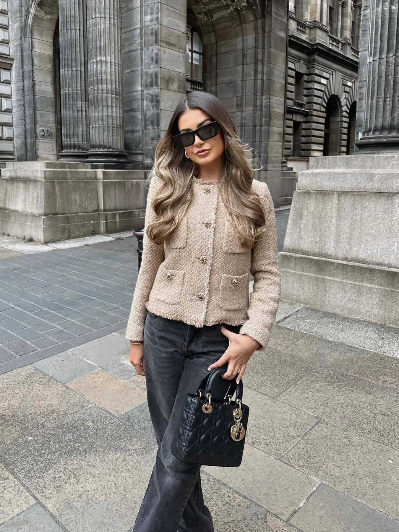 Cropped Boucle Gold Button Blazer