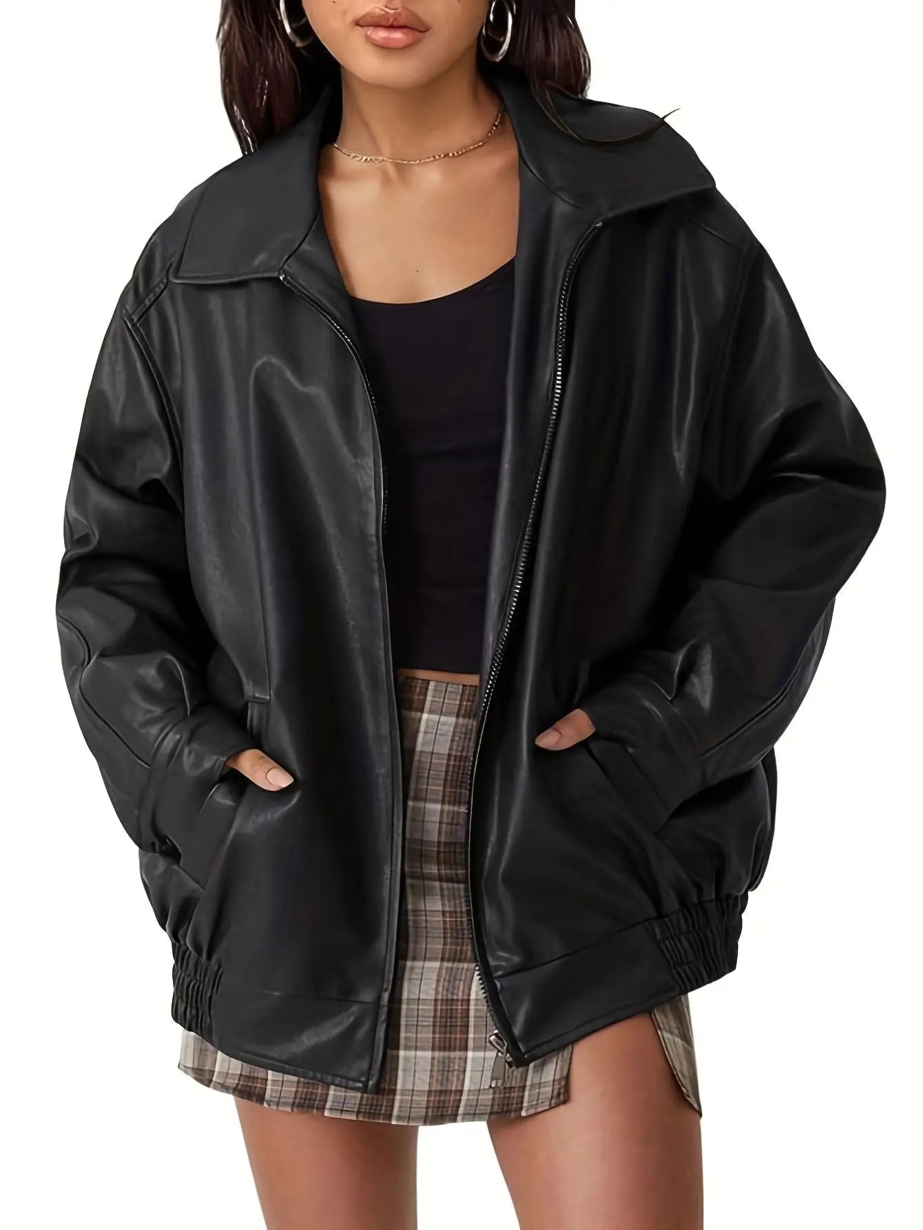 Oversized Faux Leather Bomber Jacket