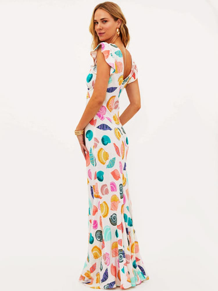 Seashell Print Ruffle Maxi Dress