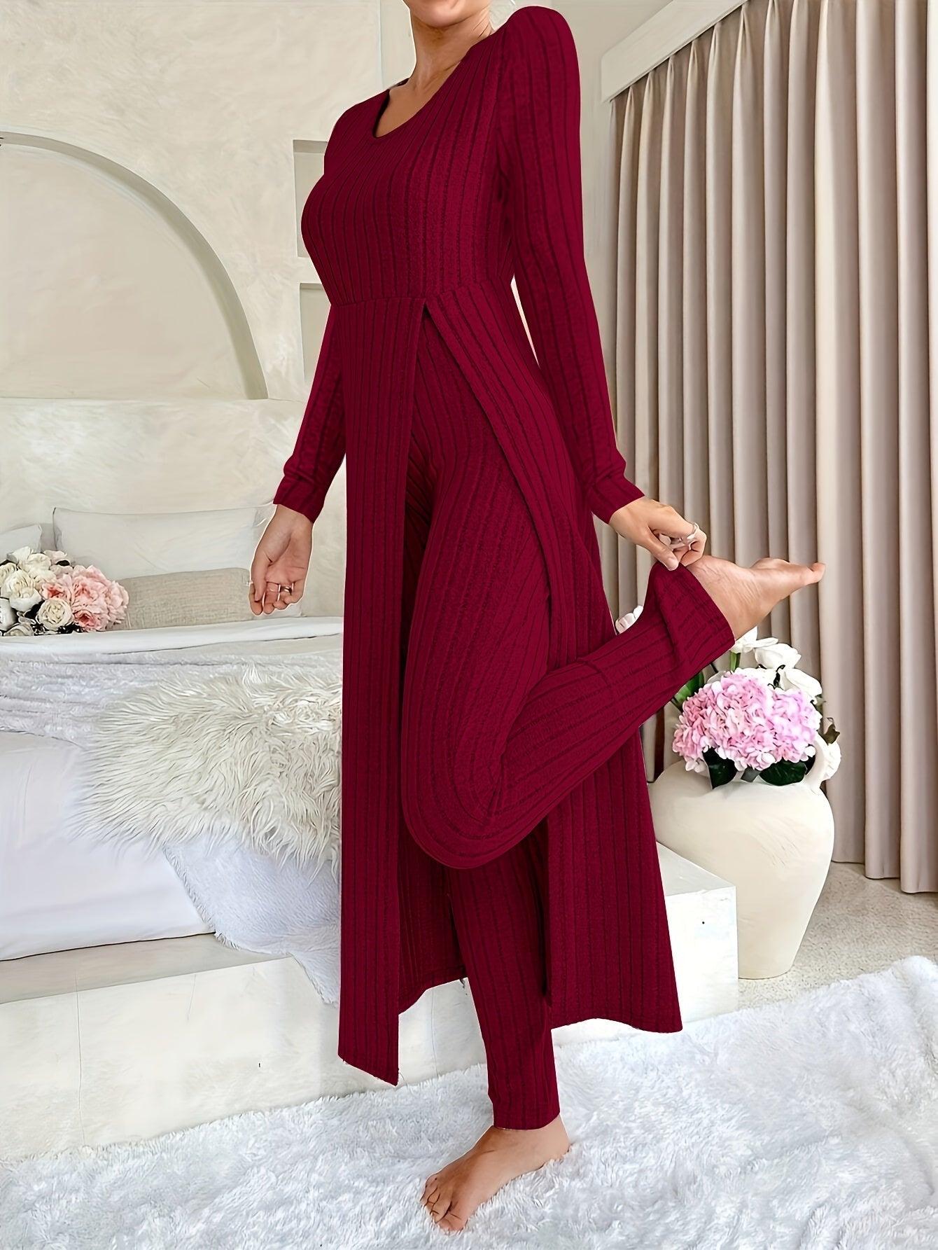 Ribbed Knit Wide-Leg Lounge Set