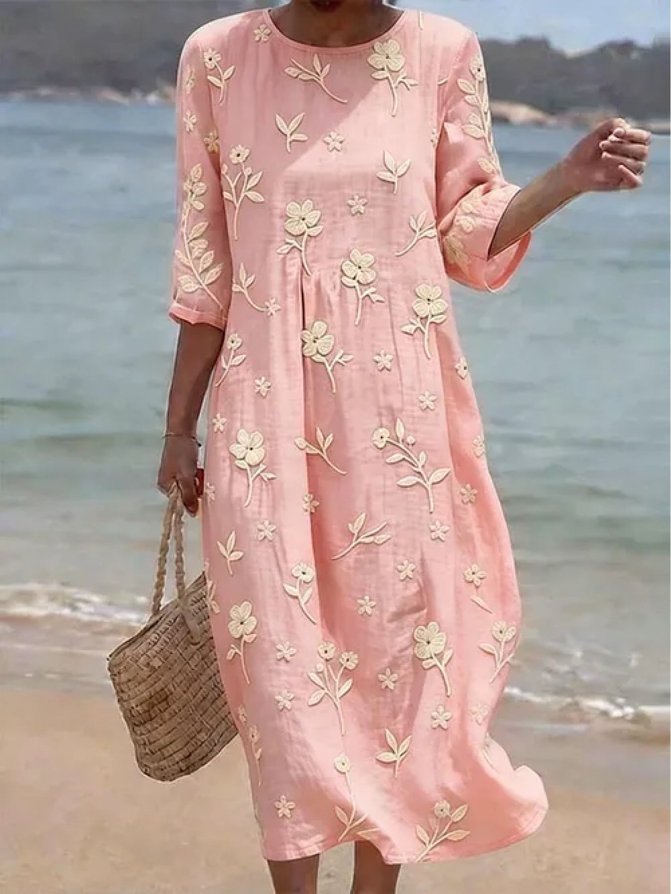 Floral Embroidered Linen Midi Dress