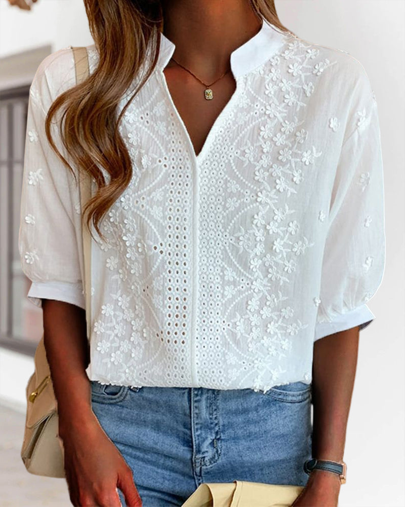 Eyelet Embroidered V-Neck Blouse