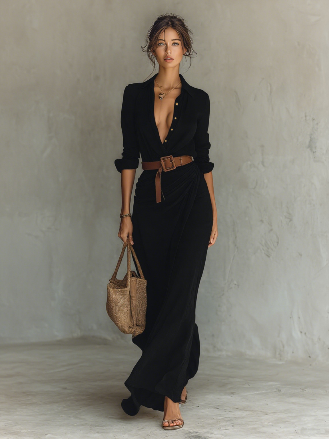 Deep V Button-Down Maxi Shirt Dress