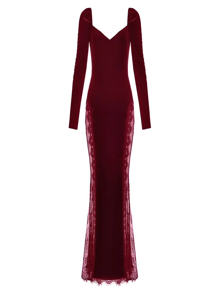 Velvet Lace Panel Evening Dress
