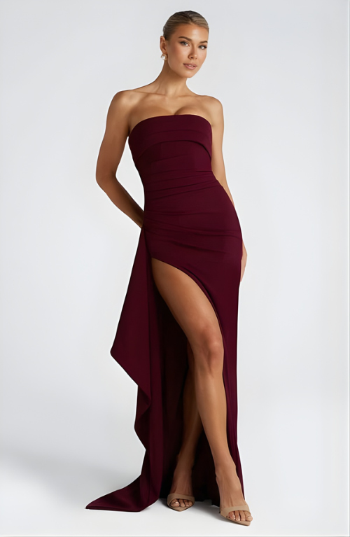 Strapless Twisted High-Split Maxi Dress