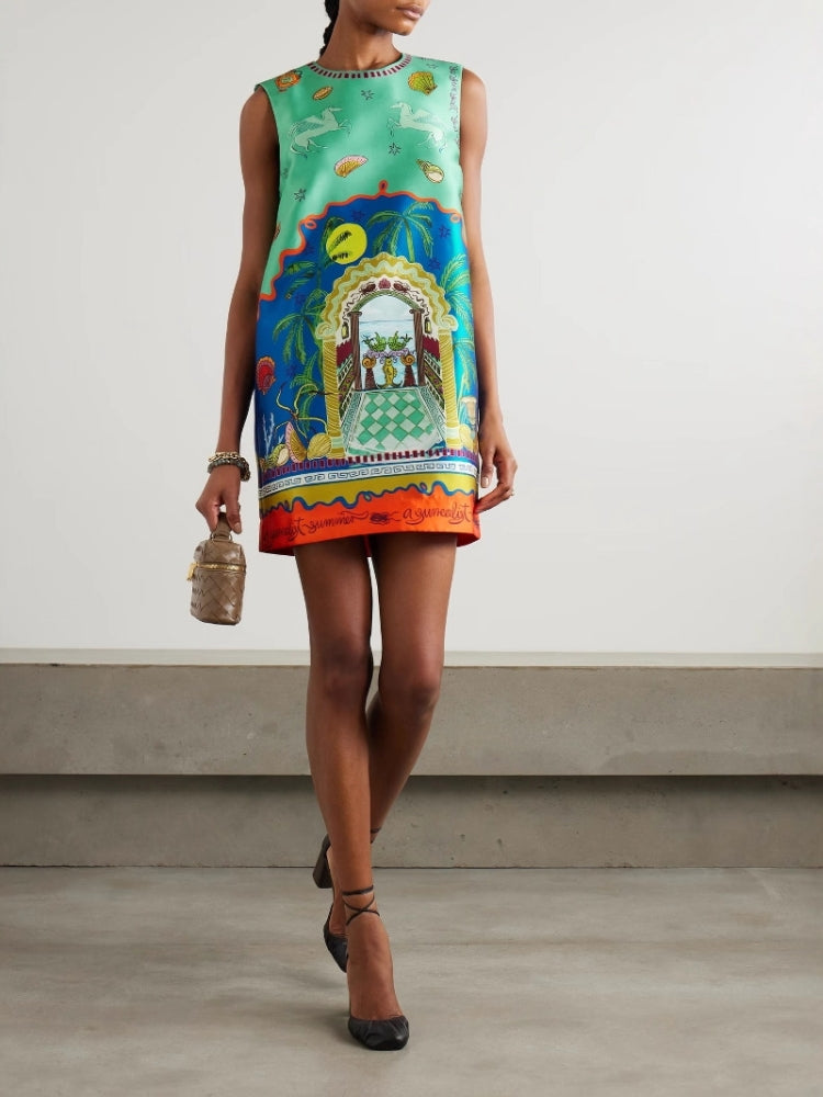 Botanical Print Satin Mini Dress
