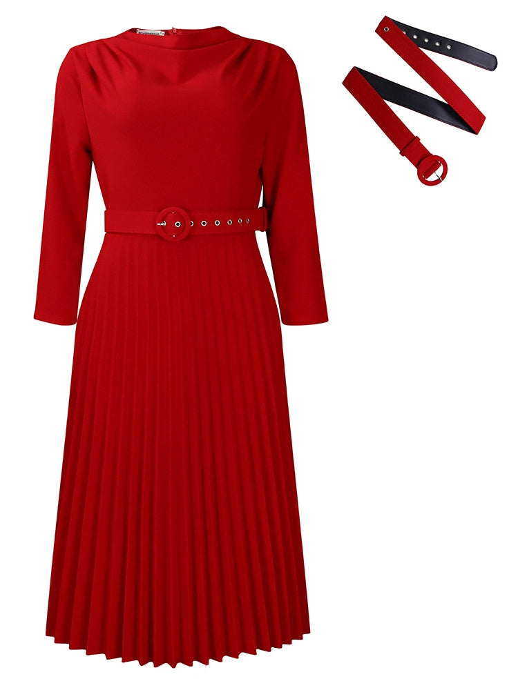 Belted Pleated Collar Dress