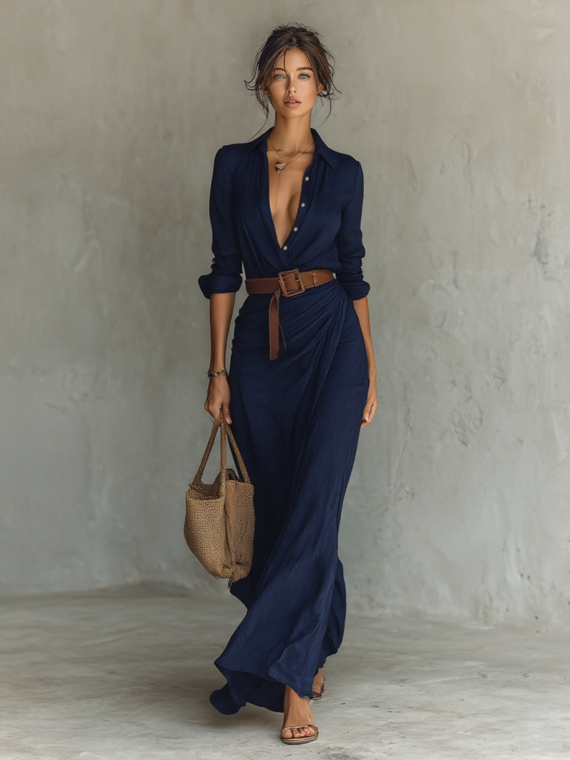 Deep V Button-Down Maxi Shirt Dress
