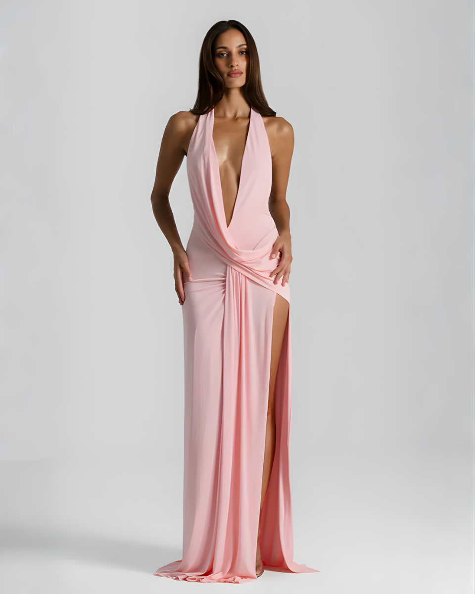Plunge Halter Backless Maxi Dress