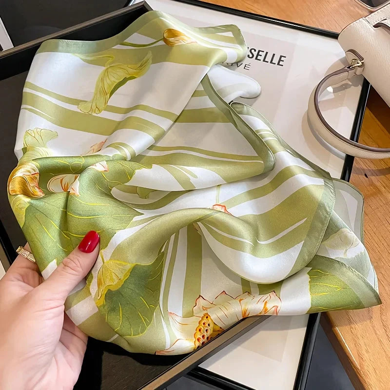 Sage Lotus Print Square Scarf
