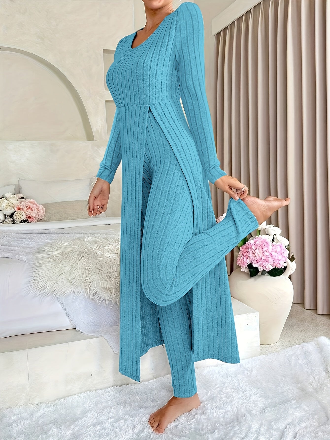 Ribbed Knit Wide-Leg Lounge Set