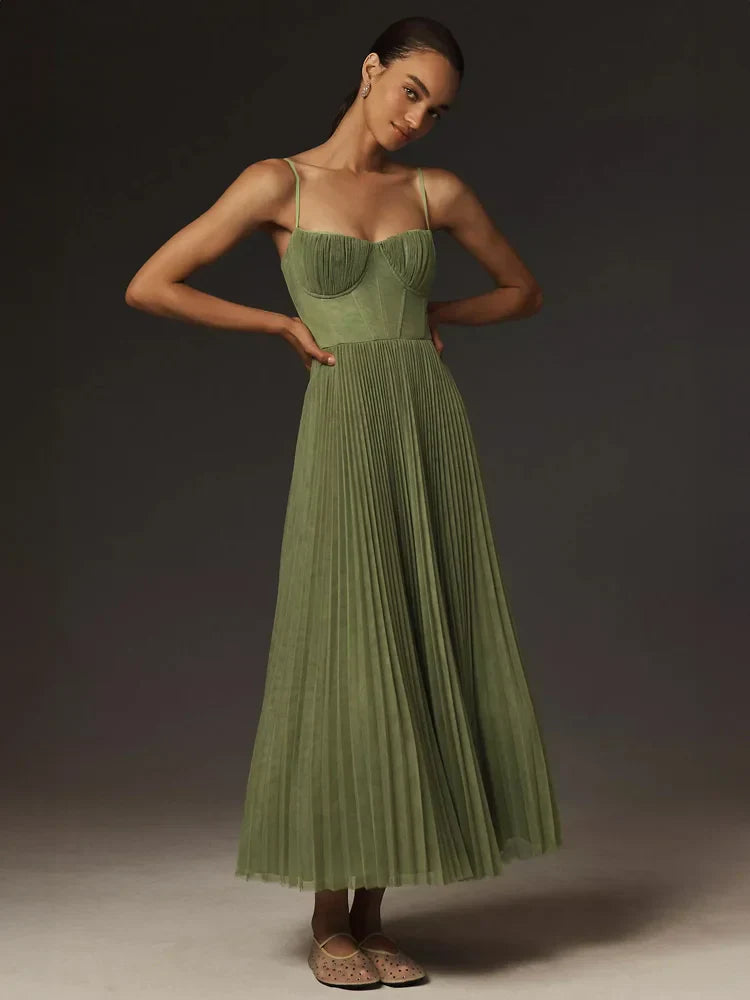 Bustier Pleated Tulle Midi Dress