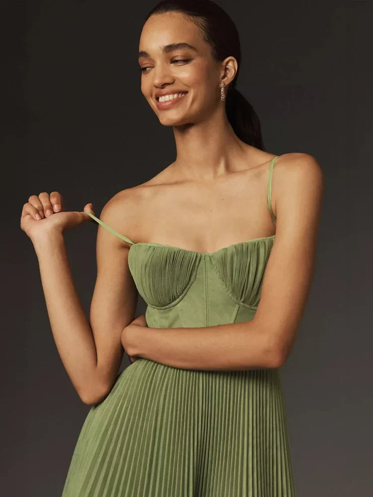 Bustier Pleated Tulle Midi Dress