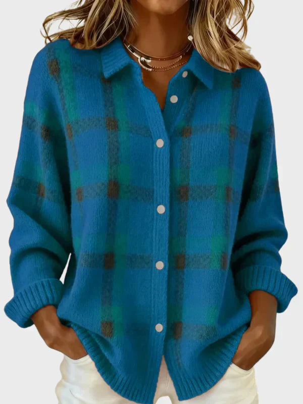 Blue and green plaid knit cardigan with button front and ribbed cuffs.