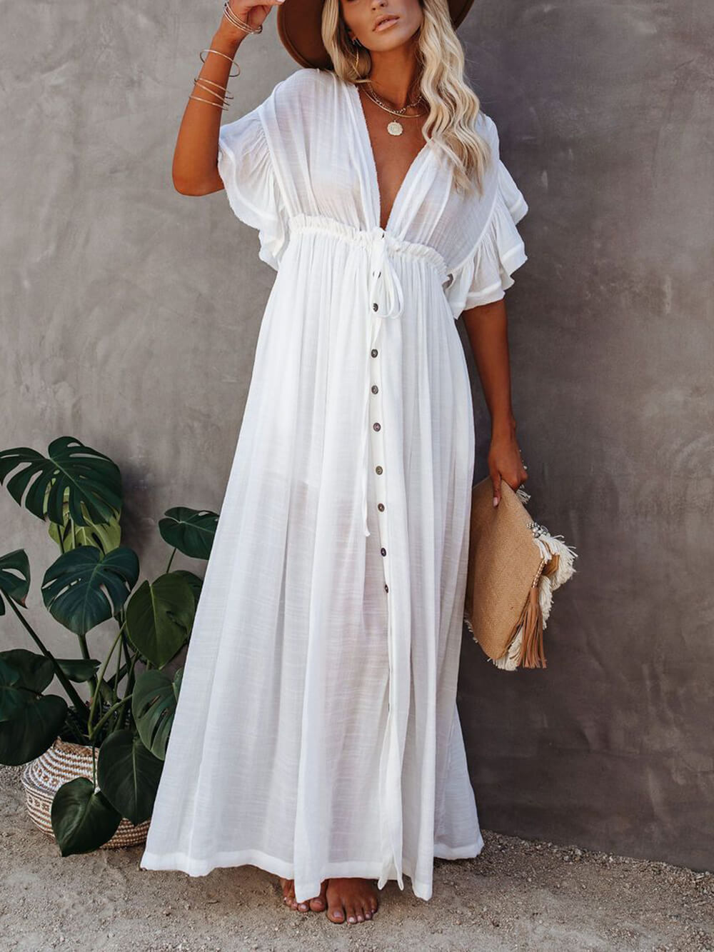 Button-Front Linen Beach Maxi Dress