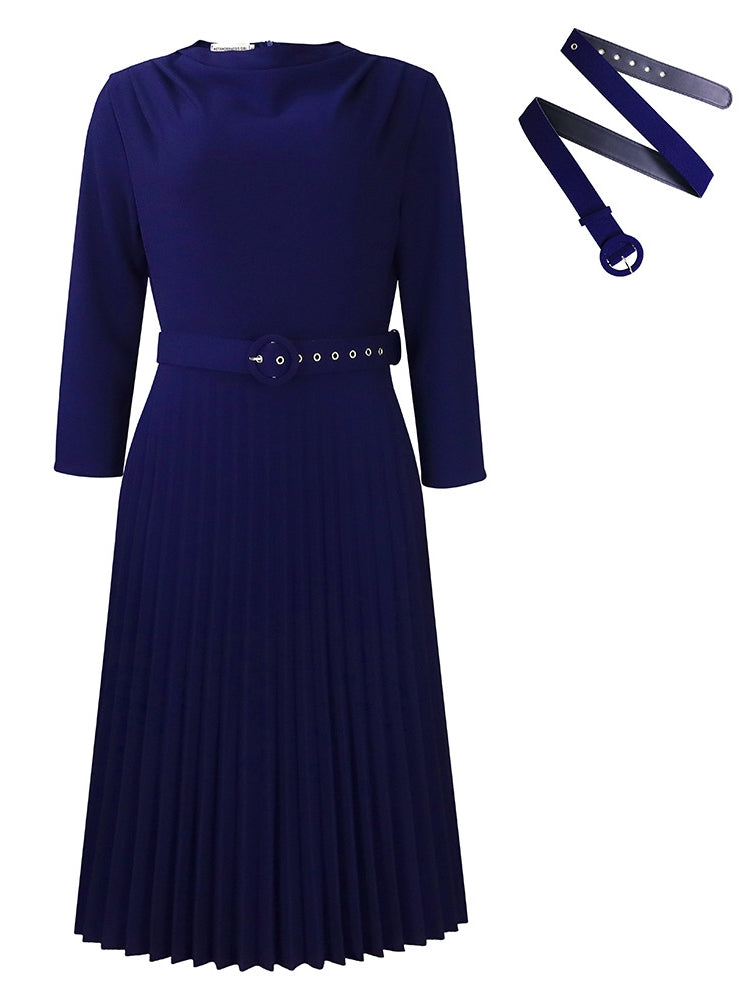 Belted Pleated Collar Dress