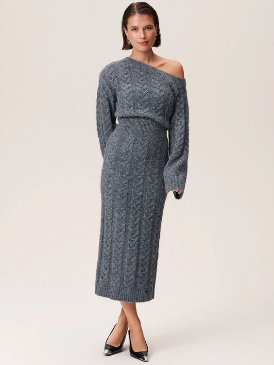 Cable Knit One-Shoulder Midi Dress