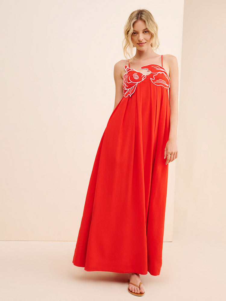 Embroidered Asymmetric Linen Maxi Dress