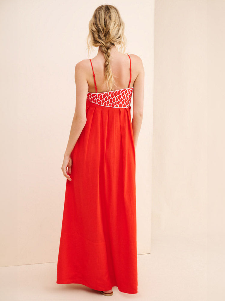 Embroidered Asymmetric Linen Maxi Dress