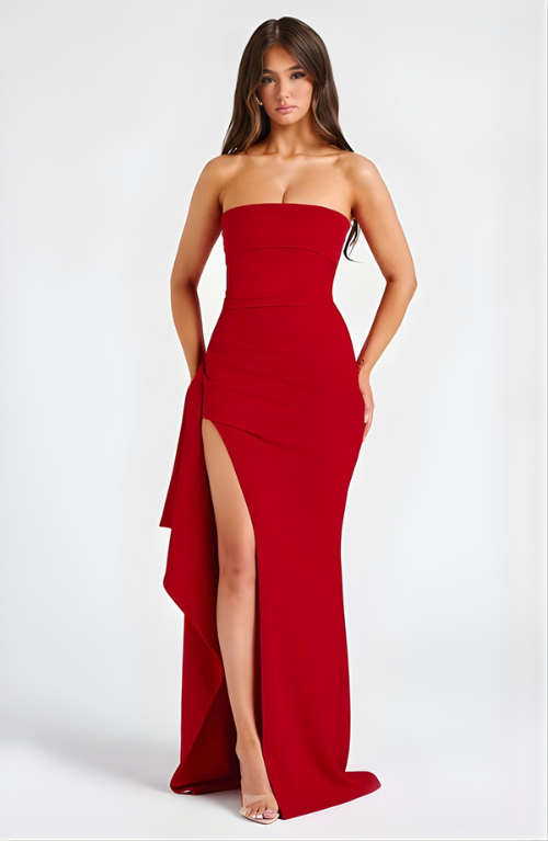 Strapless Twisted High-Split Maxi Dress
