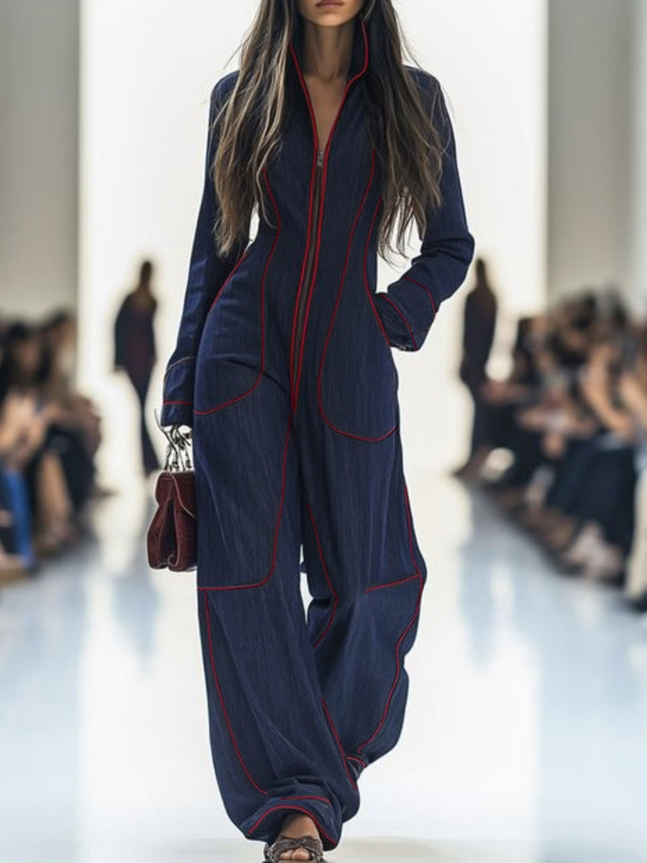 Contrast Stitch Wide Leg Jumpsuit