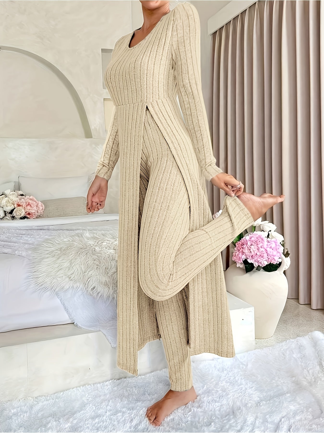 Ribbed Knit Wide-Leg Lounge Set