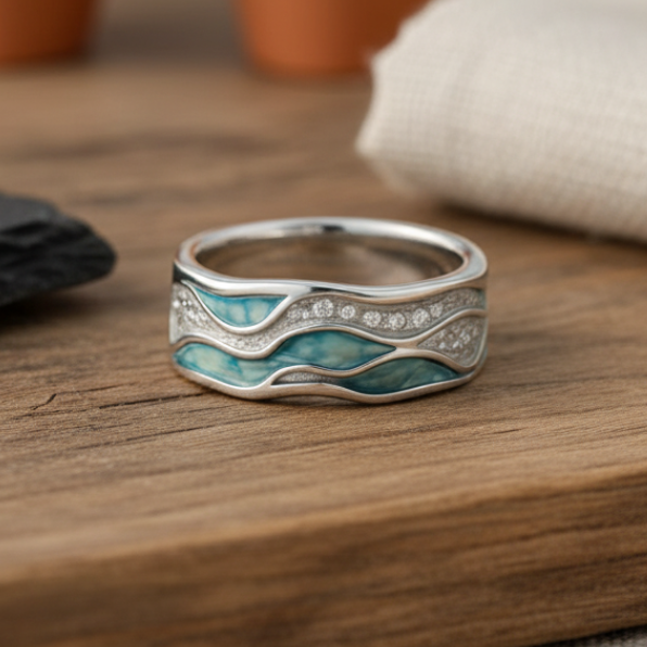 Turquoise Wave Enamel Statement Ring