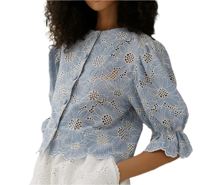 Eyelet Puff Sleeve Cropped Blouse